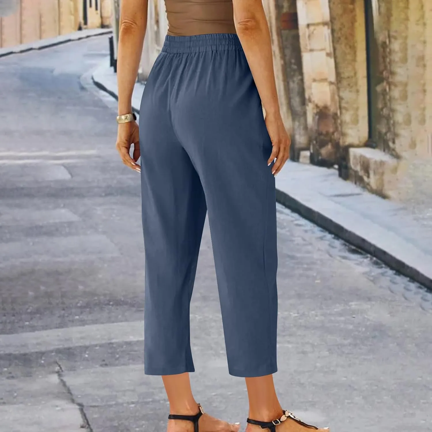 Lmdudan 2025 Plus Size Women Linen Crop Pants Drawstring Elastic Waist Capris Summer Lounge Cropped Pant Trousers with Pocket