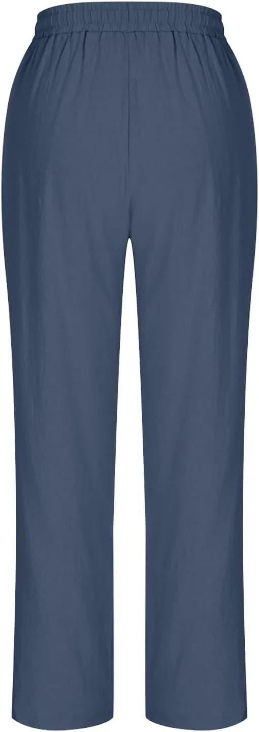 Lmdudan 2025 Plus Size Women Linen Crop Pants Drawstring Elastic Waist Capris Summer Lounge Cropped Pant Trousers with Pocket