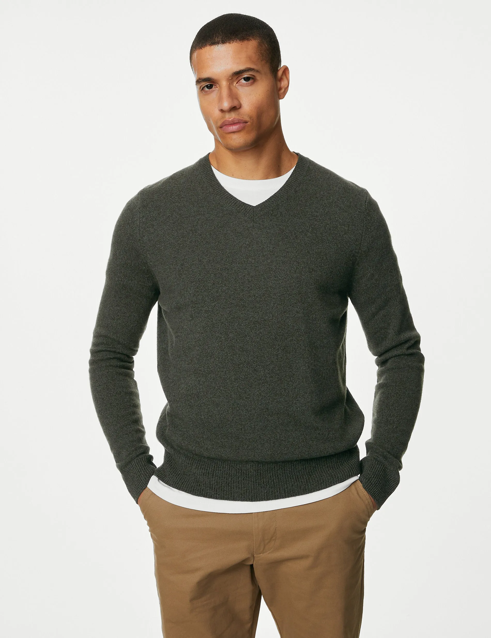 Marks & Spencer V-Neck Extra Fine Lambswool Jumper, Khaki