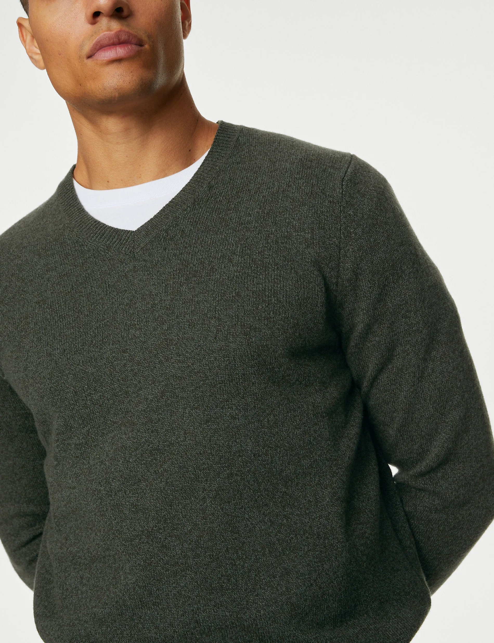 Marks & Spencer V-Neck Extra Fine Lambswool Jumper, Khaki