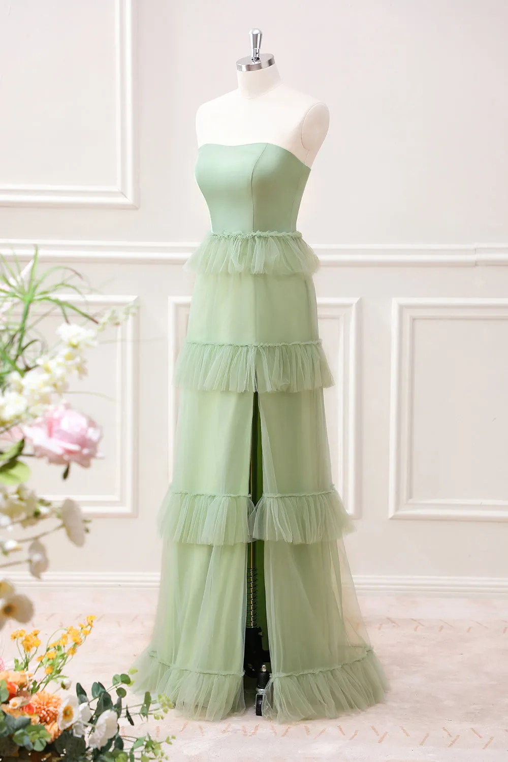 Matcha A-Line Strapless Maxi Dress with Ruffles