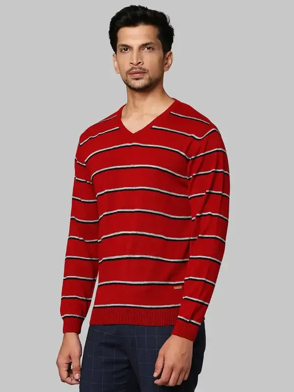 Men Red Regular Fit Stripe Acrylic Full Sleeve V Neck Collar Sweaters