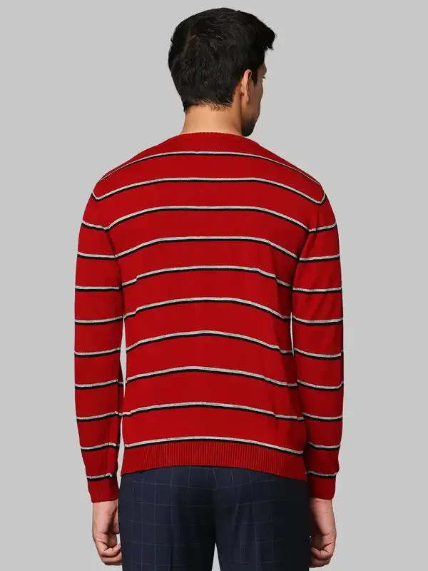 Men Red Regular Fit Stripe Acrylic Full Sleeve V Neck Collar Sweaters