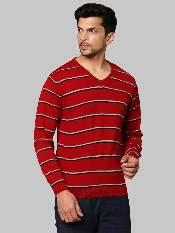 Men Red Regular Fit Stripe Acrylic Full Sleeve V Neck Collar Sweaters