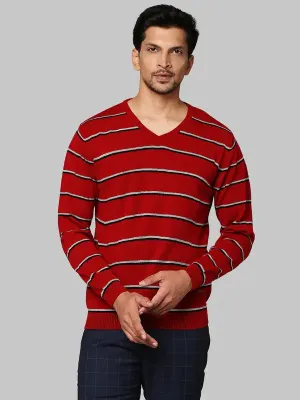Men Red Regular Fit Stripe Acrylic Full Sleeve V Neck Collar Sweaters