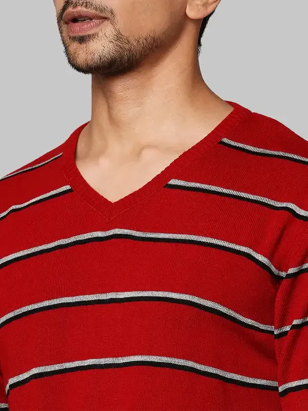 Men Red Regular Fit Stripe Acrylic Full Sleeve V Neck Collar Sweaters