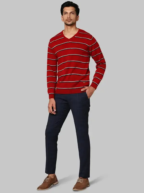 Men Red Regular Fit Stripe Acrylic Full Sleeve V Neck Collar Sweaters