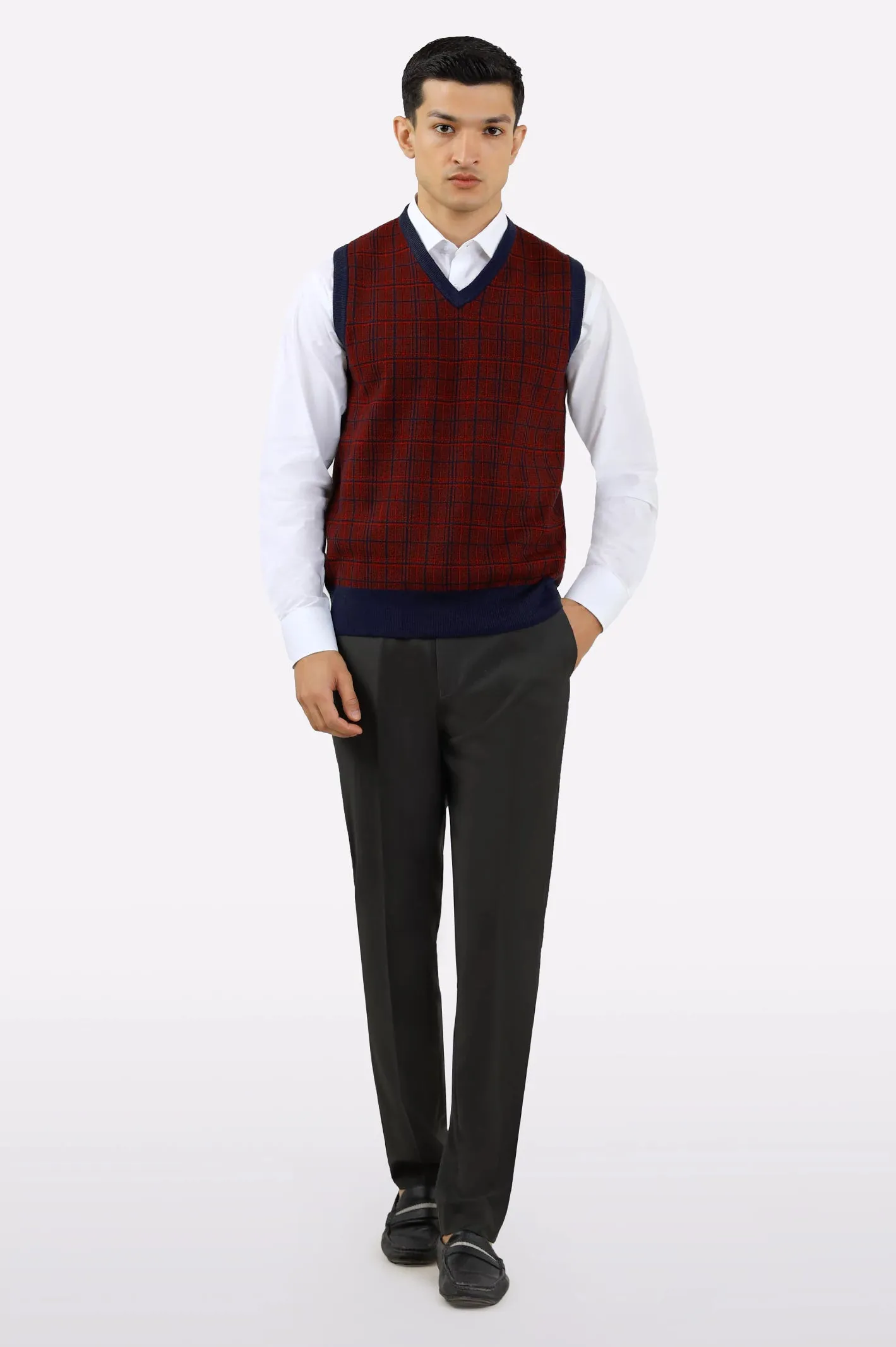 Men V-Neck Maroon Sleeveless Sweater