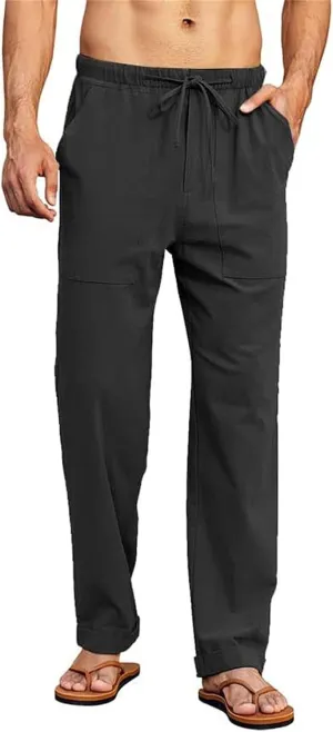 Mens Cotton Linen Pants Drawstring Elastic Waist Casual Trendy Breathable Solid Loose Fit Pants Outdoor Yoga Trousers