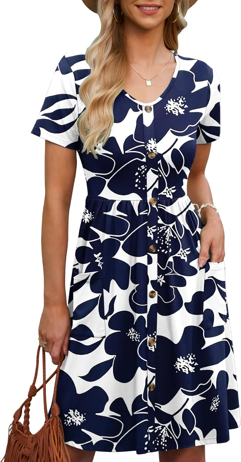 MOLERANI Women Summer Casual Short Sleeve V Neck Dresses Button Down Sundress Beach Vacation with Pockets Travel Outfits