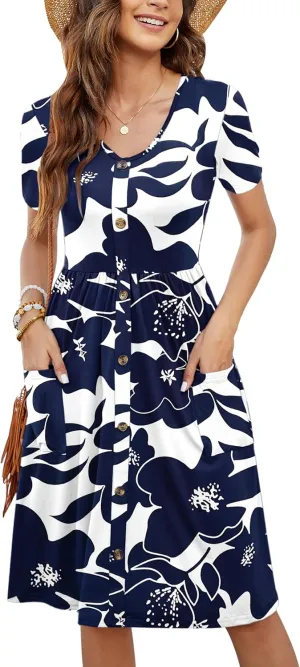 MOLERANI Women Summer Casual Short Sleeve V Neck Dresses Button Down Sundress Beach Vacation with Pockets Travel Outfits
