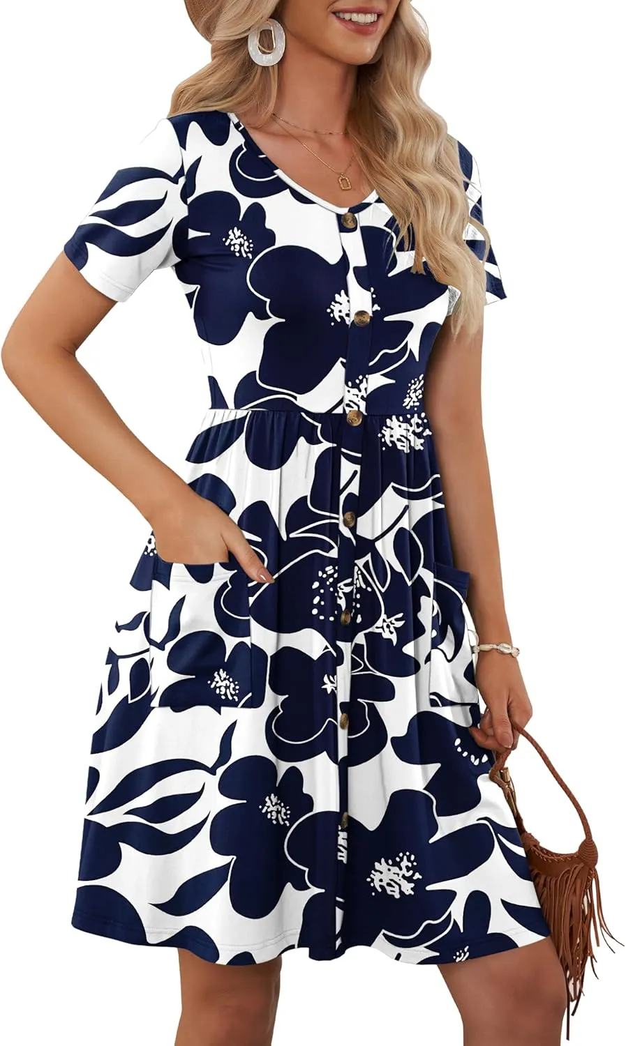 MOLERANI Women Summer Casual Short Sleeve V Neck Dresses Button Down Sundress Beach Vacation with Pockets Travel Outfits