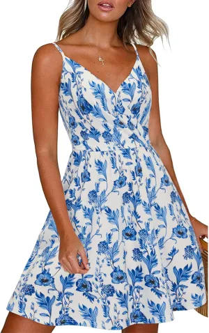 Newshows Women's Summer Dress 2025 Spaghetti Strap Sleeveless V Neck Casual Swing Sundress with Pockets