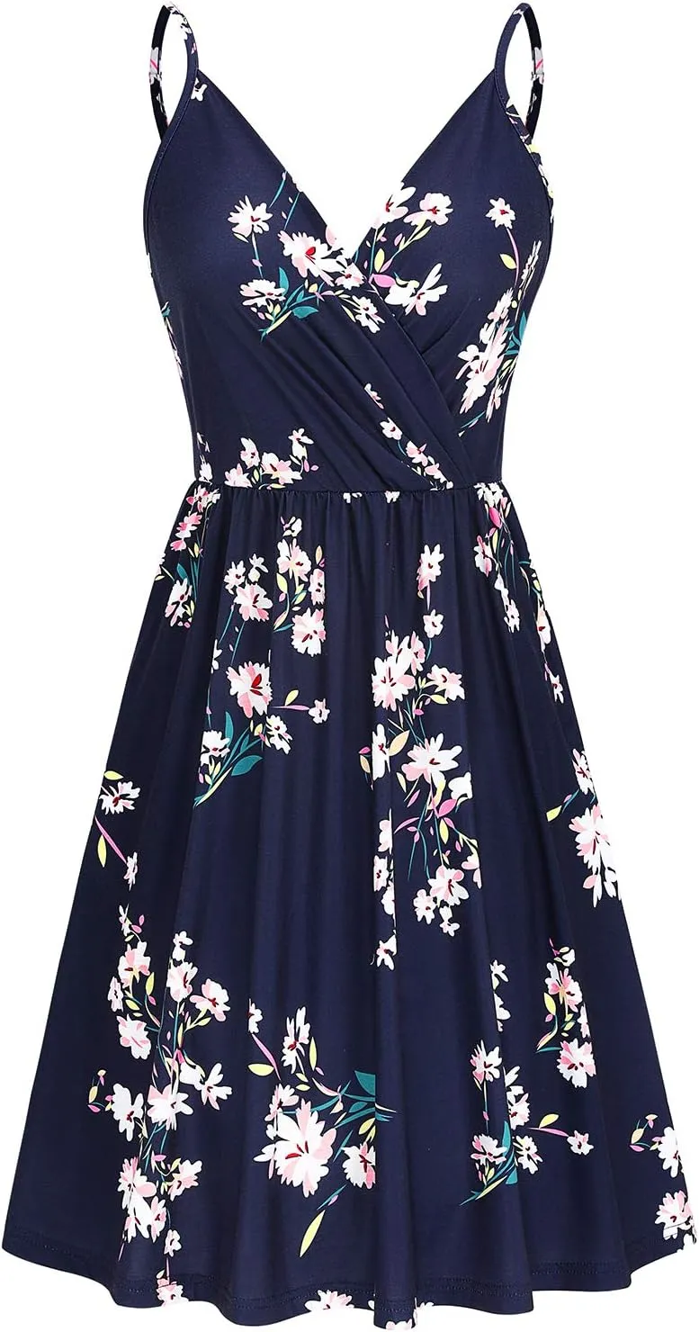 Newshows Women's Summer Dress 2025 Spaghetti Strap Sleeveless V Neck Casual Swing Sundress with Pockets