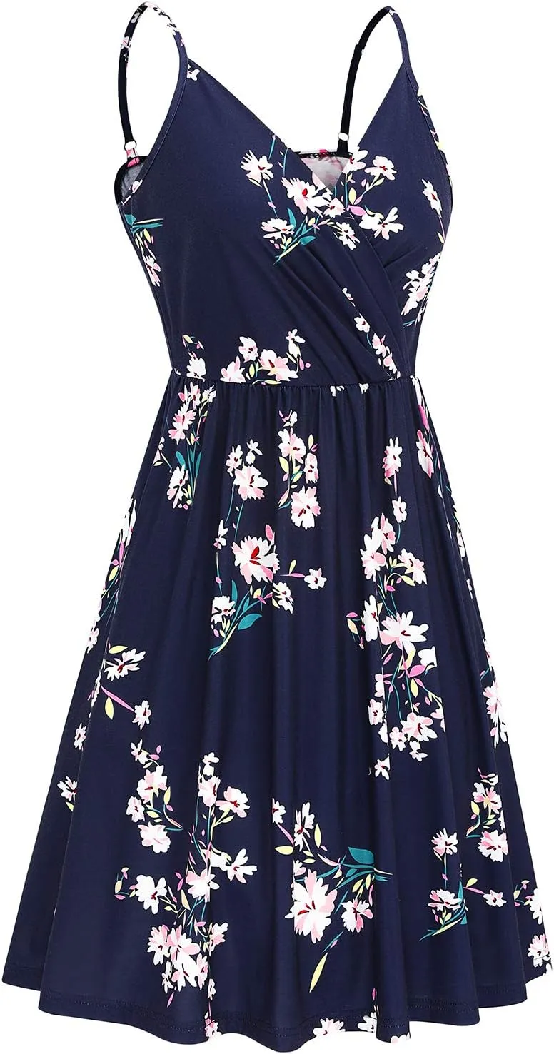 Newshows Women's Summer Dress 2025 Spaghetti Strap Sleeveless V Neck Casual Swing Sundress with Pockets