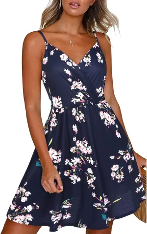Newshows Women's Summer Dress 2025 Spaghetti Strap Sleeveless V Neck Casual Swing Sundress with Pockets
