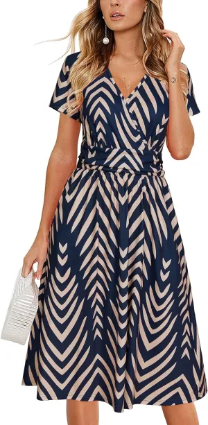OUGES Women's Summer Short Sleeve V-Neck Floral Short Party Dress with Pockets