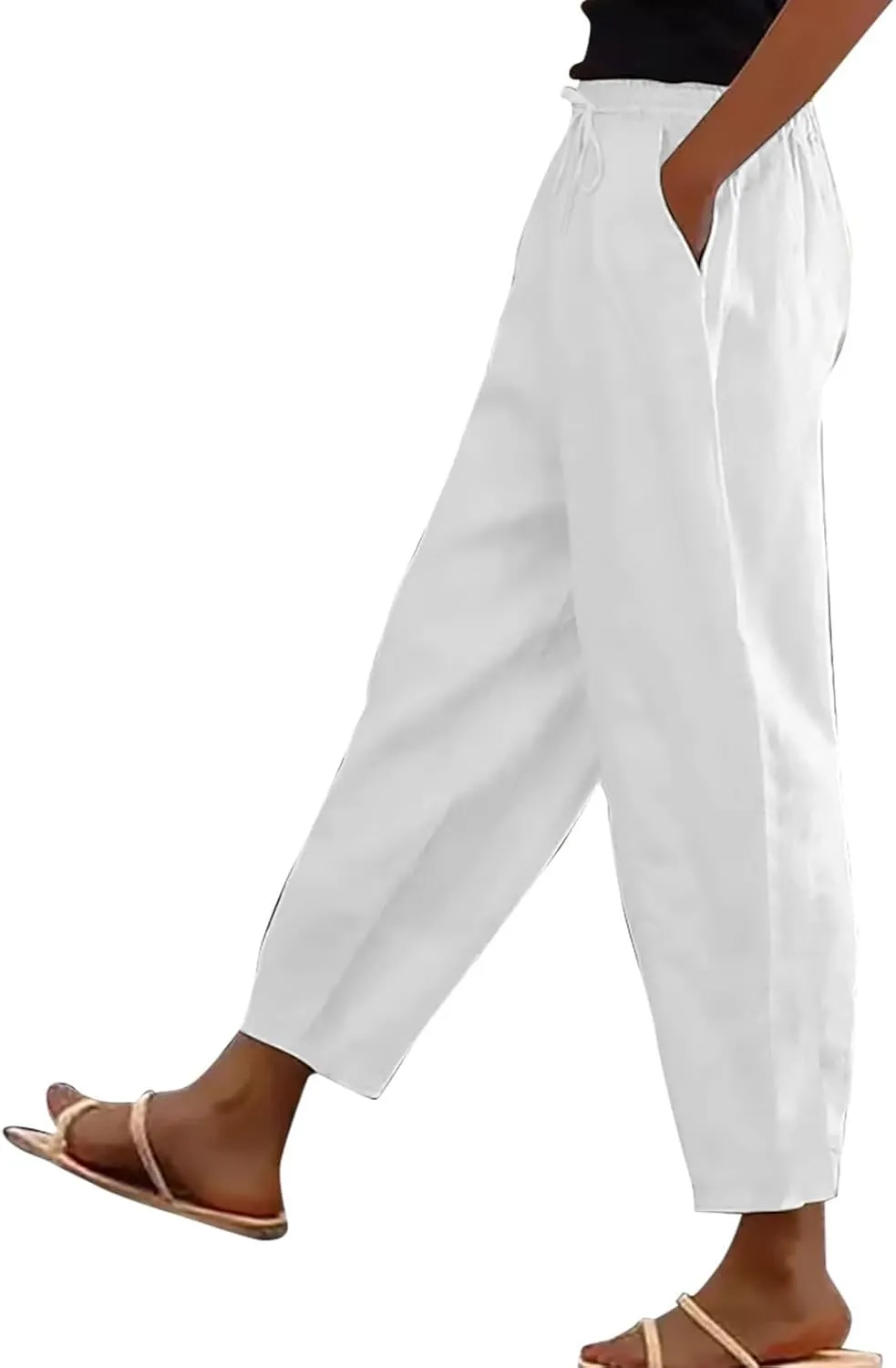Plus Size Women Summer Linen Pants 2025 Elastic High Waist Casual Pant Drawstring Loose Trousers Capris with Pockets