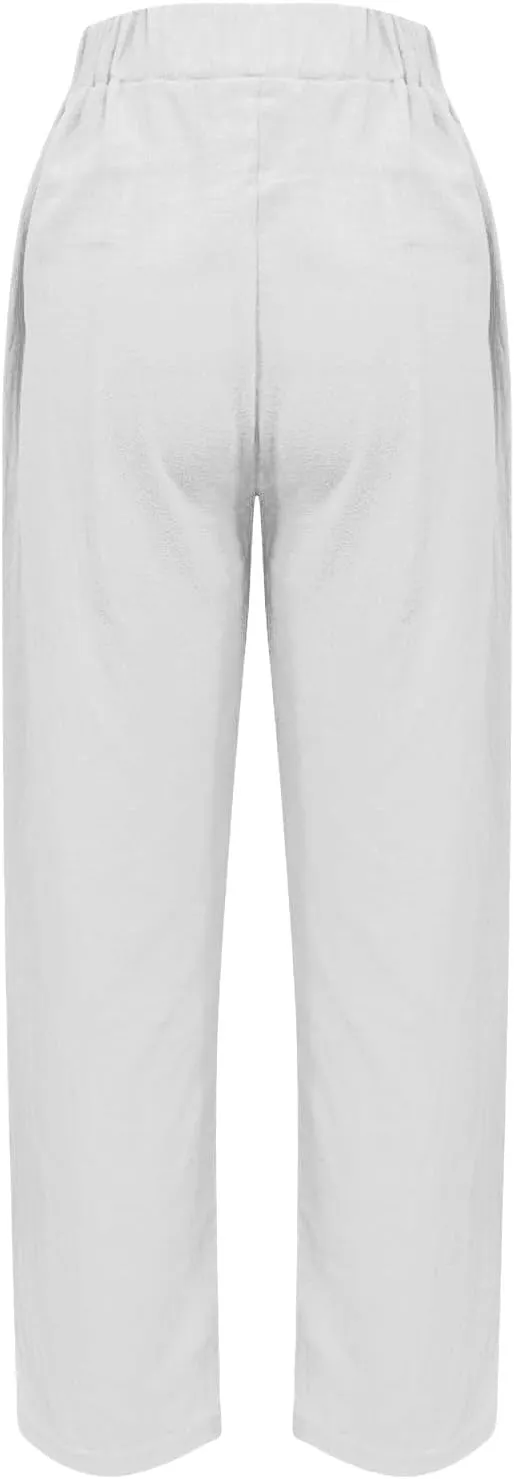 Plus Size Women Summer Linen Pants 2025 Elastic High Waist Casual Pant Drawstring Loose Trousers Capris with Pockets