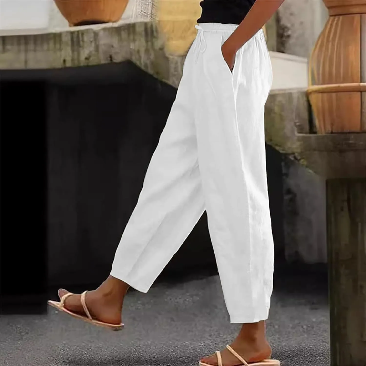 Plus Size Women Summer Linen Pants 2025 Elastic High Waist Casual Pant Drawstring Loose Trousers Capris with Pockets