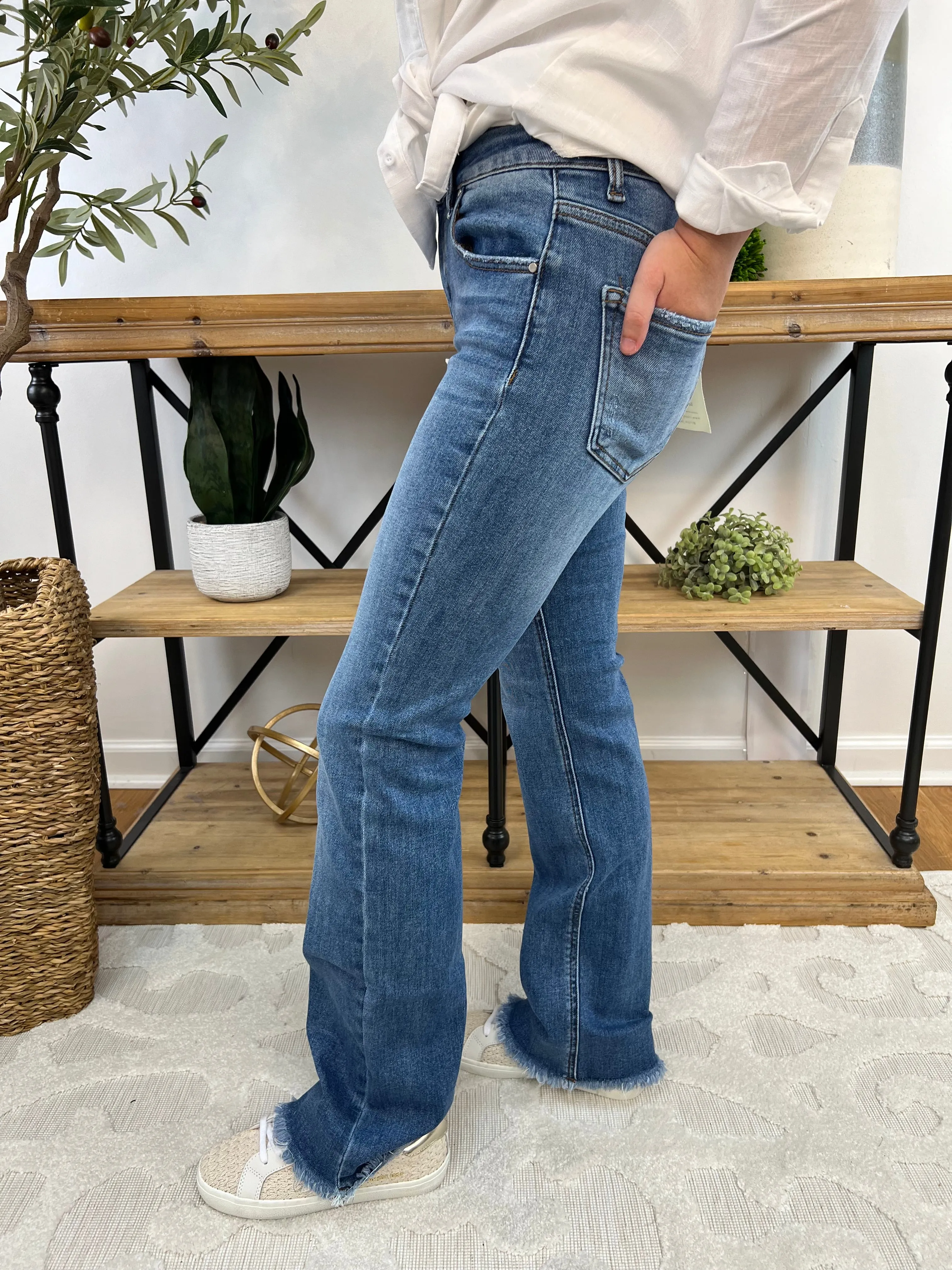 Risen - Mid Rise Fray Hem Bootcut Jeans