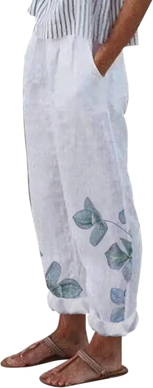 Rvidbe Work Pants for Women with Pockets, Beach Pants for Women Petite Length, Summer Pants Women Linen Women Beach Casual Loose Capri Elastic Waist Summer Trousers Cropped Wide Leg Pants