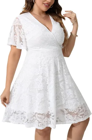 SCOMCHIC Women Plus Size Lace Cocktail Dresses Summer Wrap V Neck Short Sleeve Flowy A Line Wedding Guest Midi Dress