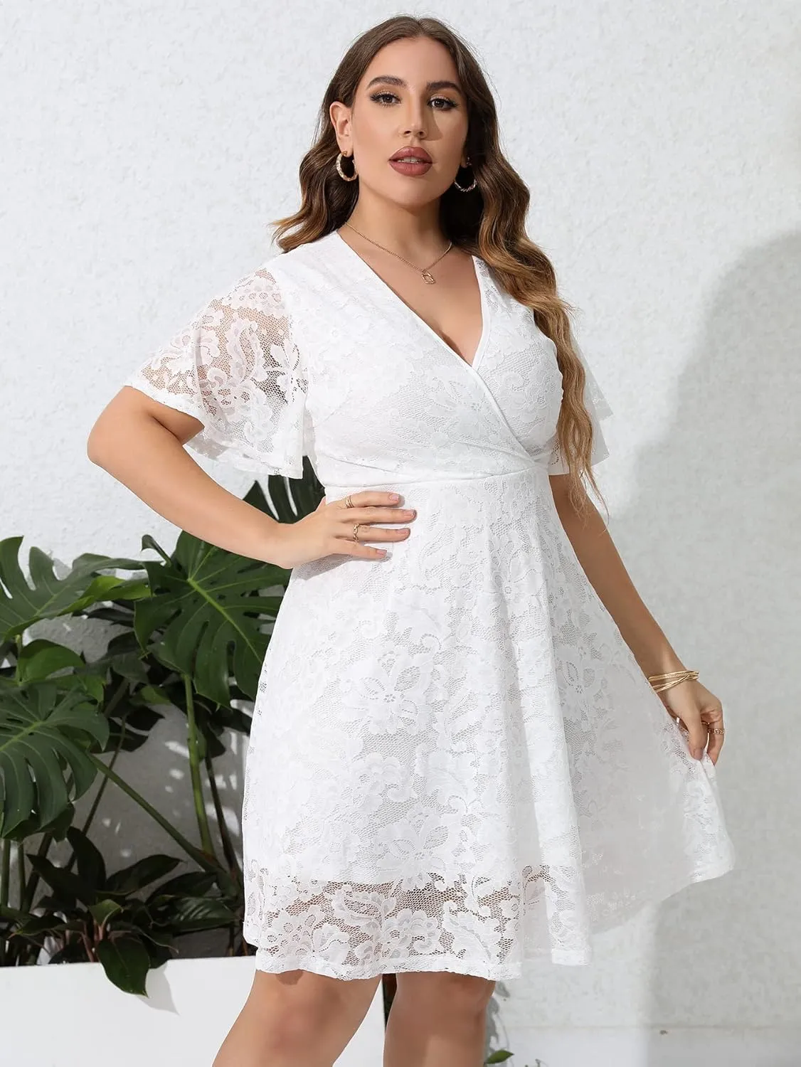 SCOMCHIC Women Plus Size Lace Cocktail Dresses Summer Wrap V Neck Short Sleeve Flowy A Line Wedding Guest Midi Dress