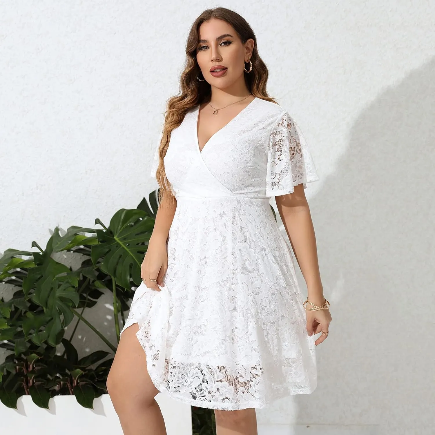 SCOMCHIC Women Plus Size Lace Cocktail Dresses Summer Wrap V Neck Short Sleeve Flowy A Line Wedding Guest Midi Dress