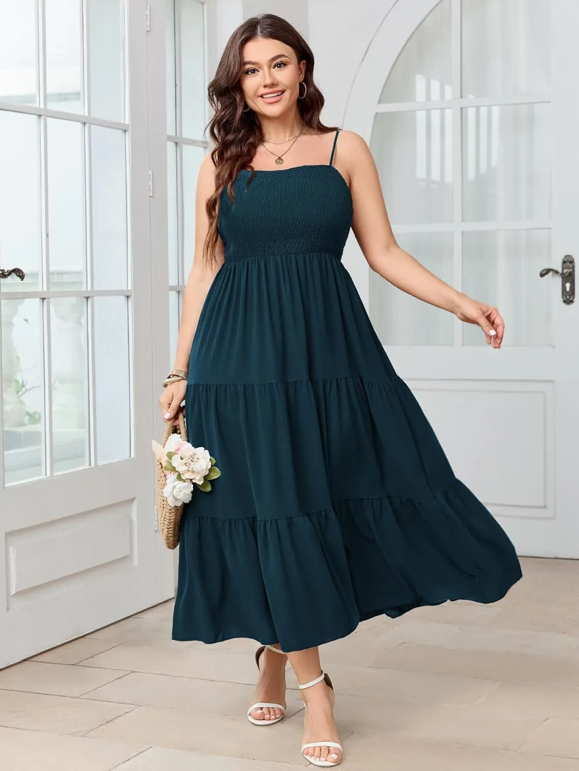SCOMCHIC Women's Plus Size Summer Maxi Dress Sleeveless Spaghetti Strap Smocked Casual Boho Tiered Long Beach Sun Dresses