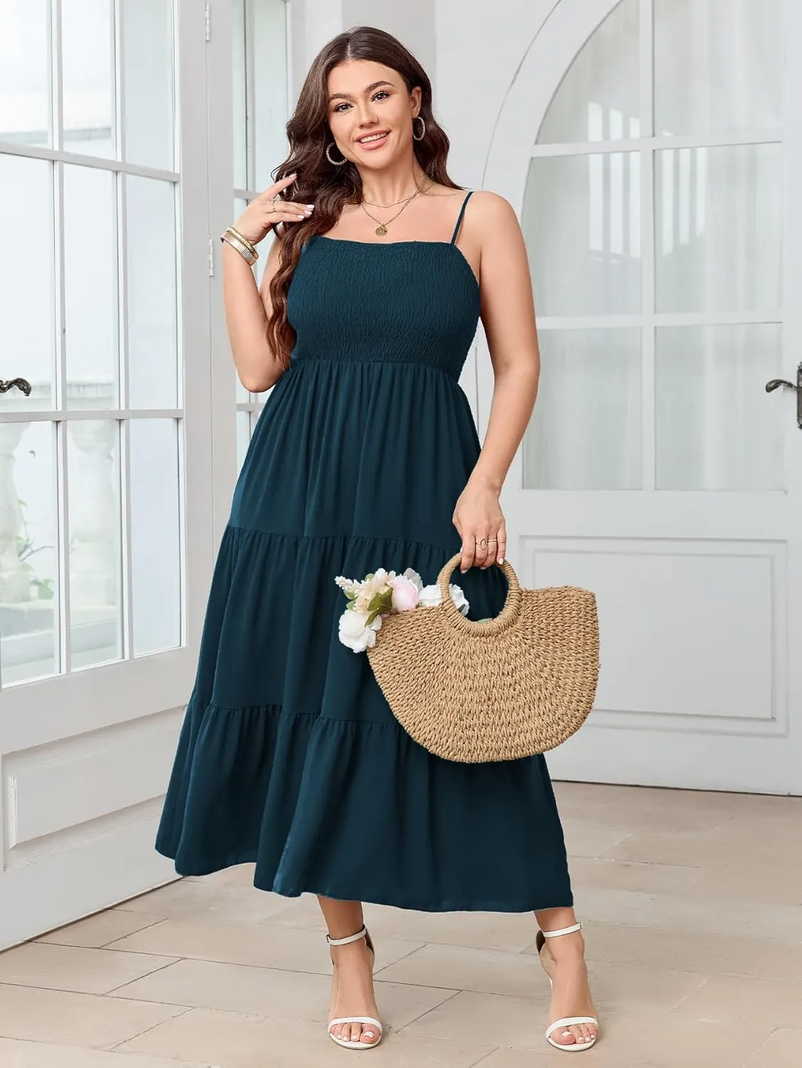 SCOMCHIC Women's Plus Size Summer Maxi Dress Sleeveless Spaghetti Strap Smocked Casual Boho Tiered Long Beach Sun Dresses
