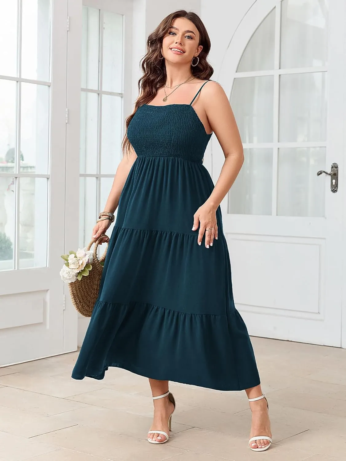 SCOMCHIC Women's Plus Size Summer Maxi Dress Sleeveless Spaghetti Strap Smocked Casual Boho Tiered Long Beach Sun Dresses
