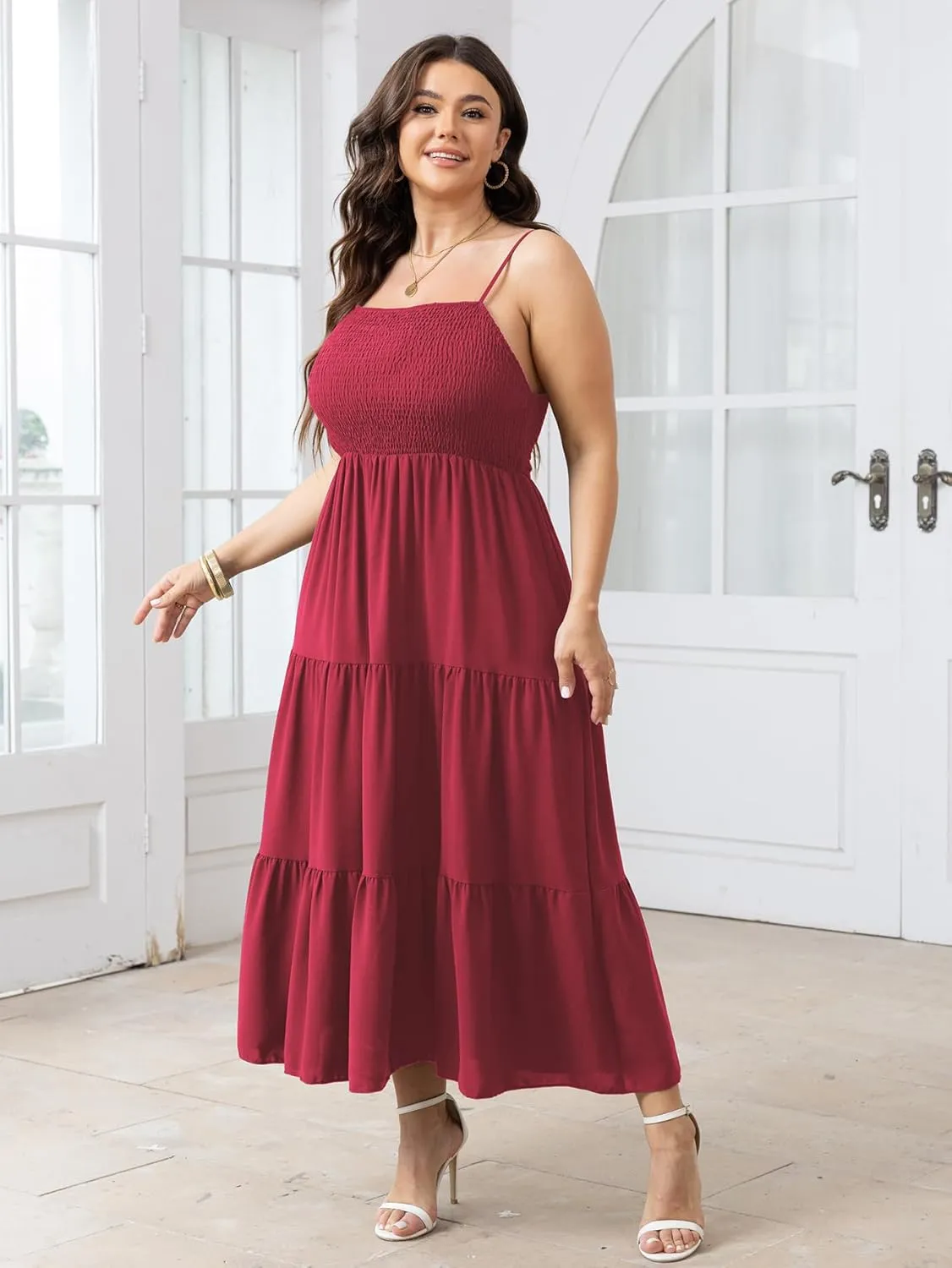 SCOMCHIC Women's Plus Size Summer Maxi Dress Sleeveless Spaghetti Strap Smocked Casual Boho Tiered Long Beach Sun Dresses