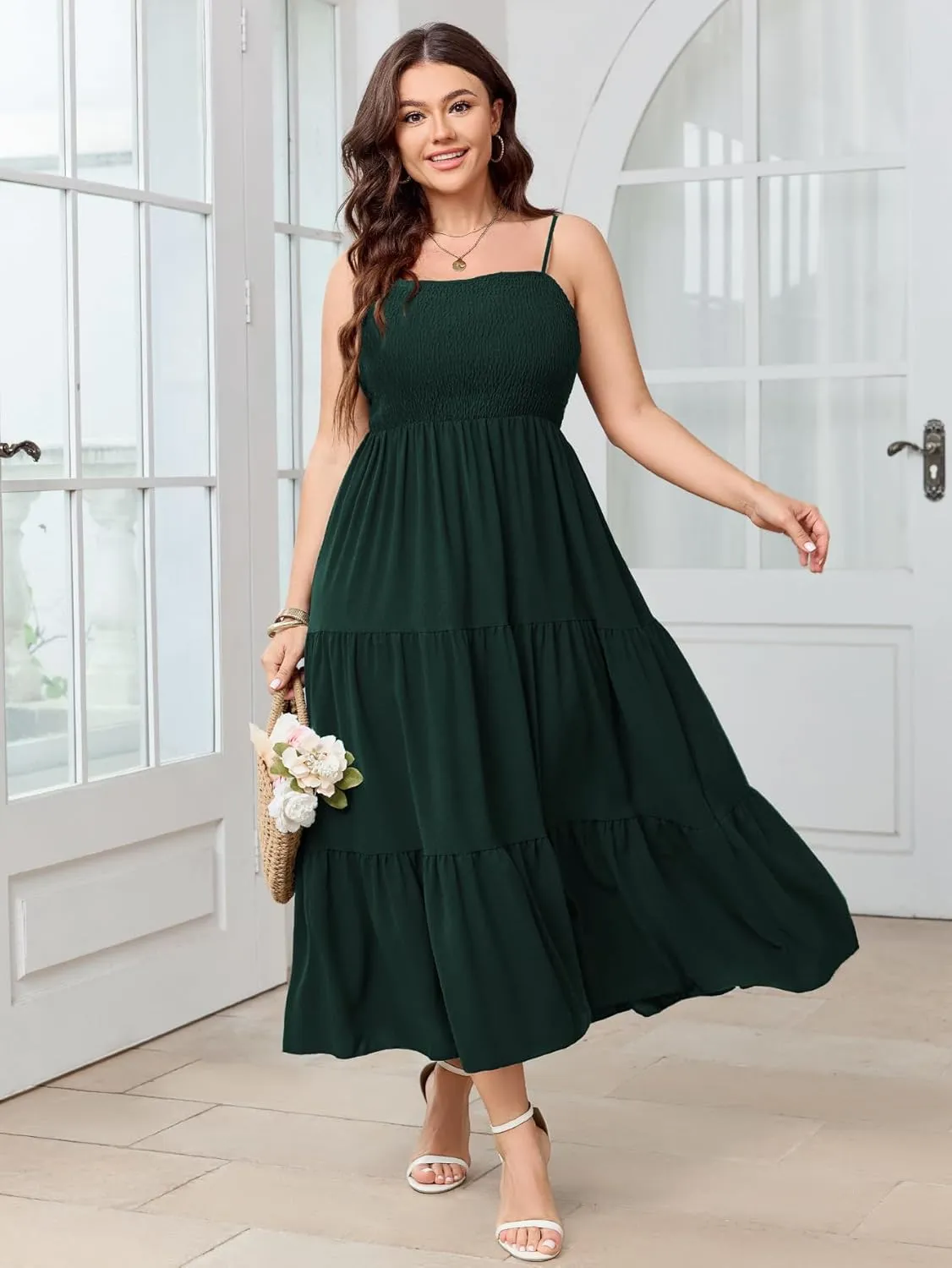 SCOMCHIC Women's Plus Size Summer Maxi Dress Sleeveless Spaghetti Strap Smocked Casual Boho Tiered Long Beach Sun Dresses