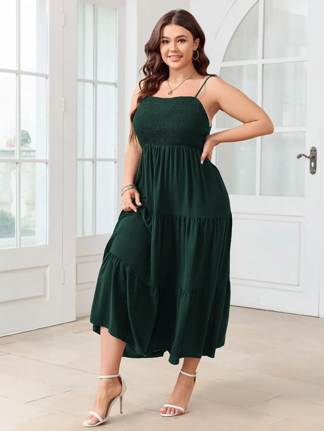 SCOMCHIC Women's Plus Size Summer Maxi Dress Sleeveless Spaghetti Strap Smocked Casual Boho Tiered Long Beach Sun Dresses