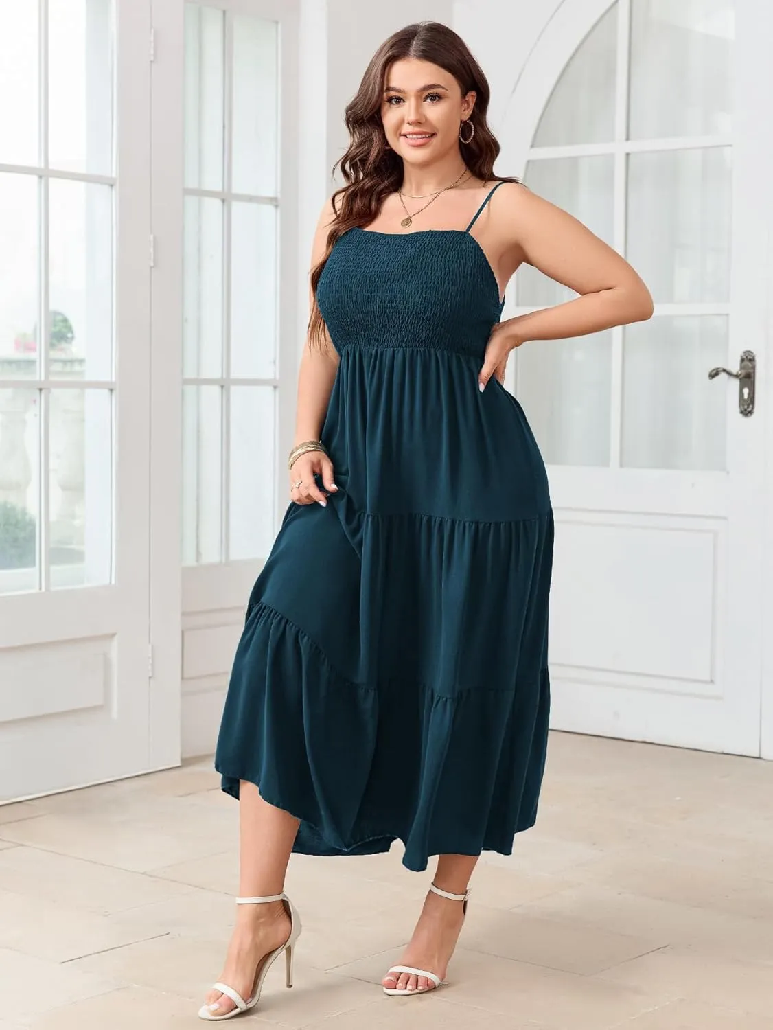 SCOMCHIC Women's Plus Size Summer Maxi Dress Sleeveless Spaghetti Strap Smocked Casual Boho Tiered Long Beach Sun Dresses