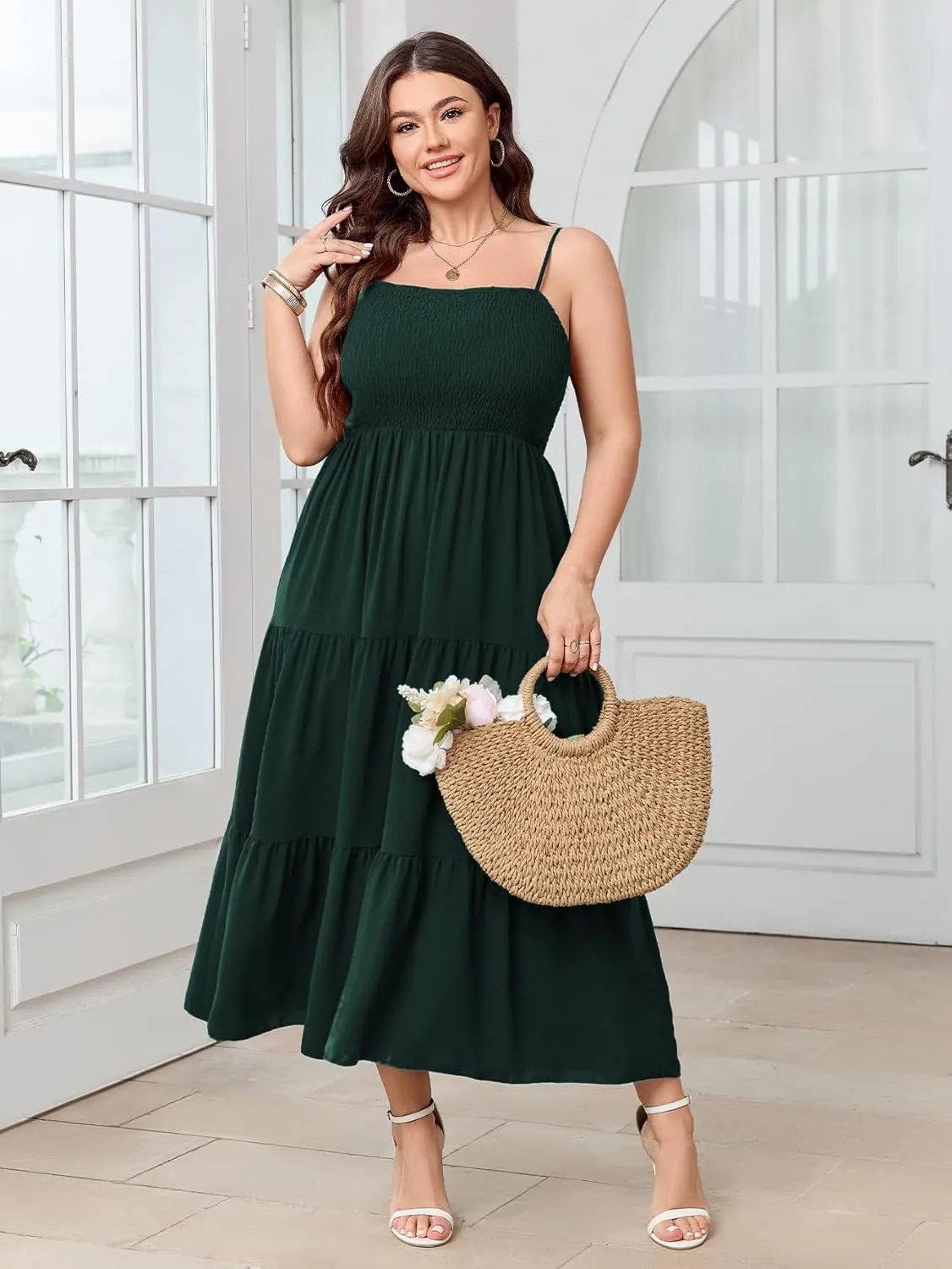 SCOMCHIC Women's Plus Size Summer Maxi Dress Sleeveless Spaghetti Strap Smocked Casual Boho Tiered Long Beach Sun Dresses