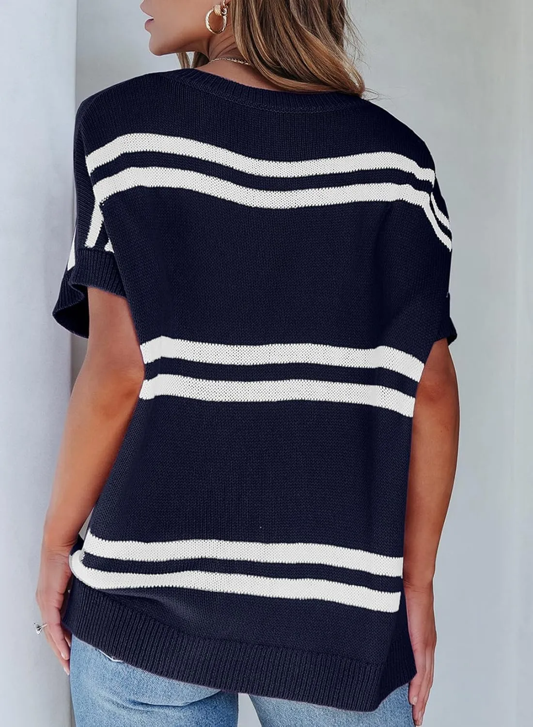 SHEWIN Oversized Sweaters for Women Causal V Neck T Shirts Loose Short Sleeve Sweater Spring Tops
