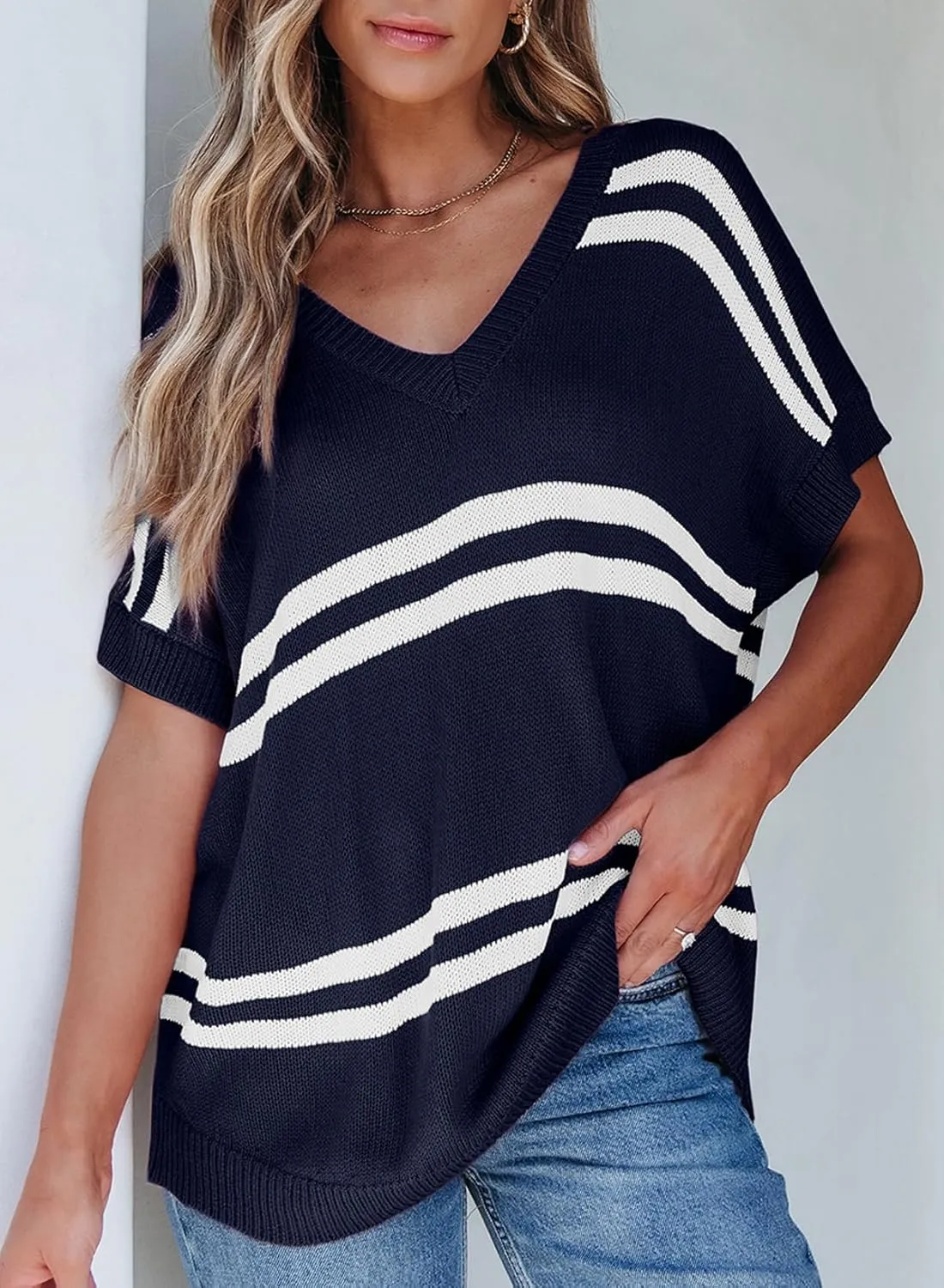 SHEWIN Oversized Sweaters for Women Causal V Neck T Shirts Loose Short Sleeve Sweater Spring Tops