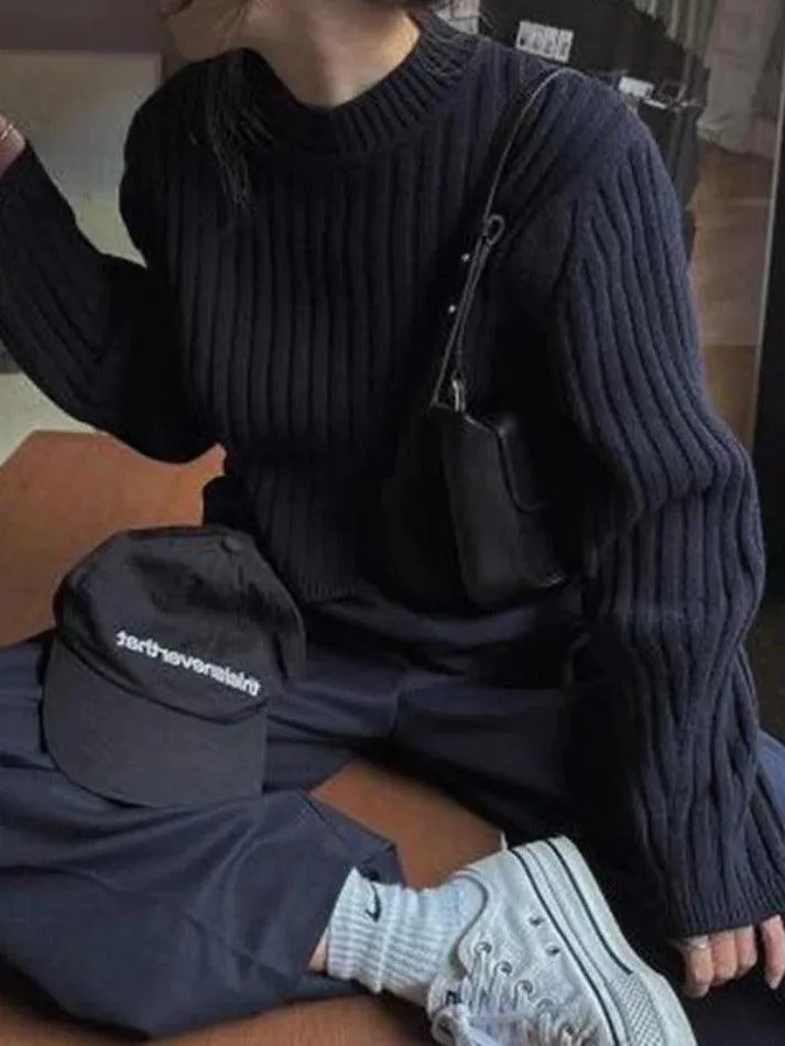 Solid Ribbed Crew Neck Short Knit Sweater