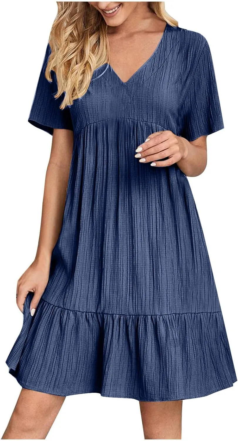 Summer Dresses for Women 2025 Vacation Short Sleeve V Neck Mini T Shirt Dress Pleated Flowy Tiered Beach Sundress