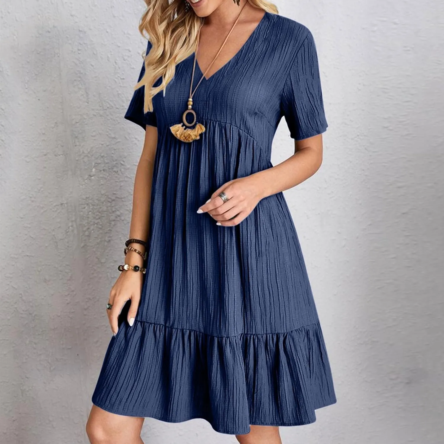 Summer Dresses for Women 2025 Vacation Short Sleeve V Neck Mini T Shirt Dress Pleated Flowy Tiered Beach Sundress