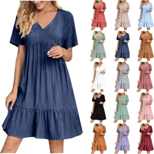 Summer Dresses for Women 2025 Vacation Short Sleeve V Neck Mini T Shirt Dress Pleated Flowy Tiered Beach Sundress