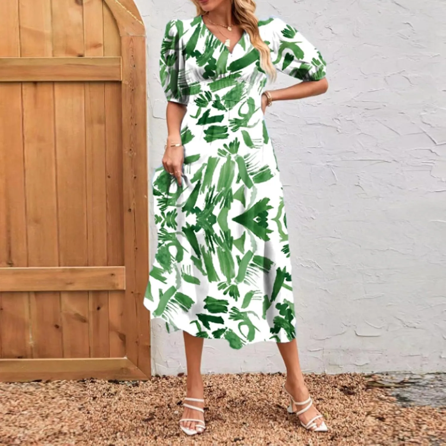 Summer Dresses for Women Elegant Boho Floral Print Beach Long Dress Trendy V Neck Short Sleeve Ruffle Maxi Sundress