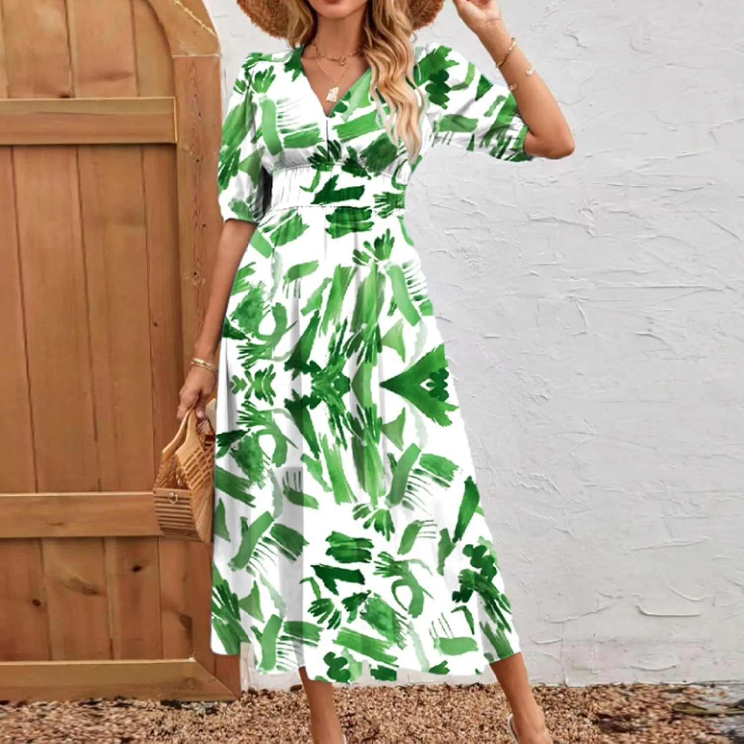 Summer Dresses for Women Elegant Boho Floral Print Beach Long Dress Trendy V Neck Short Sleeve Ruffle Maxi Sundress