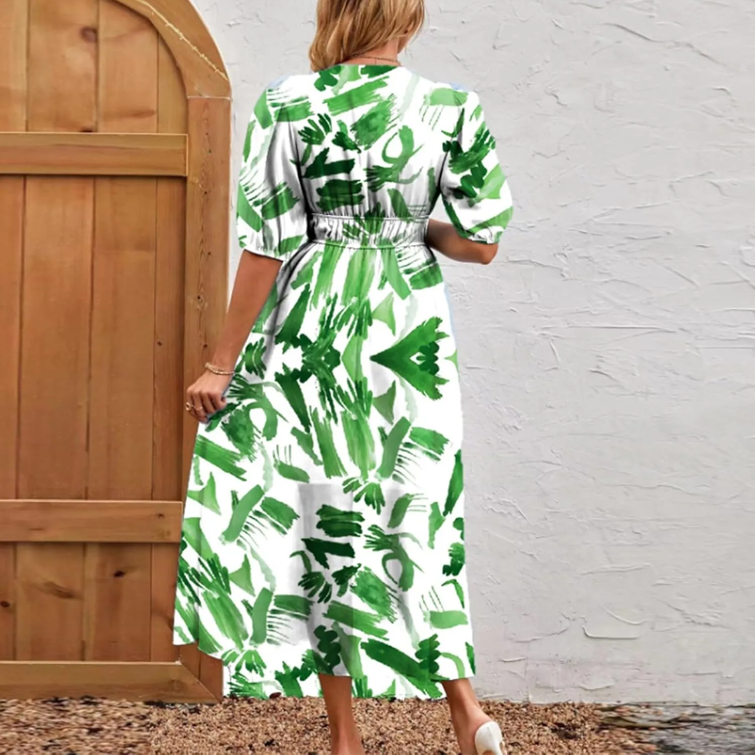 Summer Dresses for Women Elegant Boho Floral Print Beach Long Dress Trendy V Neck Short Sleeve Ruffle Maxi Sundress