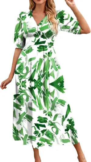 Summer Dresses for Women Elegant Boho Floral Print Beach Long Dress Trendy V Neck Short Sleeve Ruffle Maxi Sundress