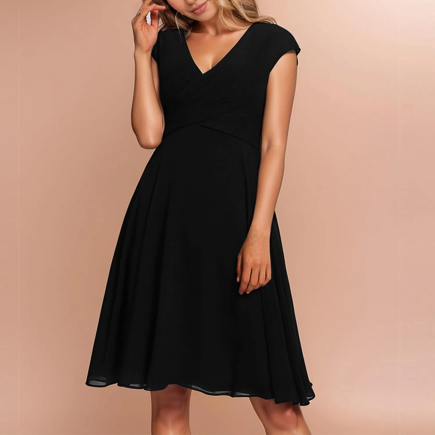 Summer Floral Chiffon Dresses for Women 2025 Midi Trendy Flowy Swing Empire Waist Cap Sleeve V Neck A Line Dress