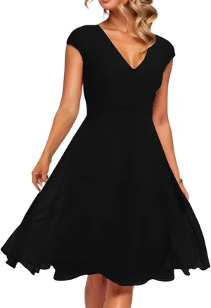 Summer Floral Chiffon Dresses for Women 2025 Midi Trendy Flowy Swing Empire Waist Cap Sleeve V Neck A Line Dress