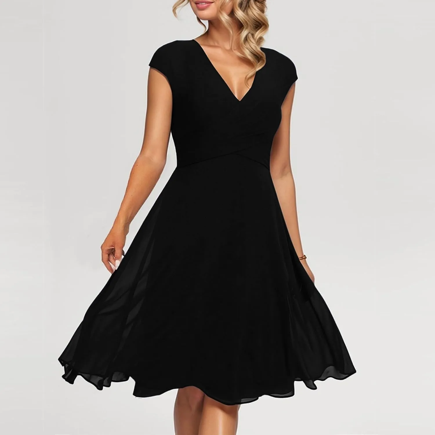 Summer Floral Chiffon Dresses for Women 2025 Midi Trendy Flowy Swing Empire Waist Cap Sleeve V Neck A Line Dress